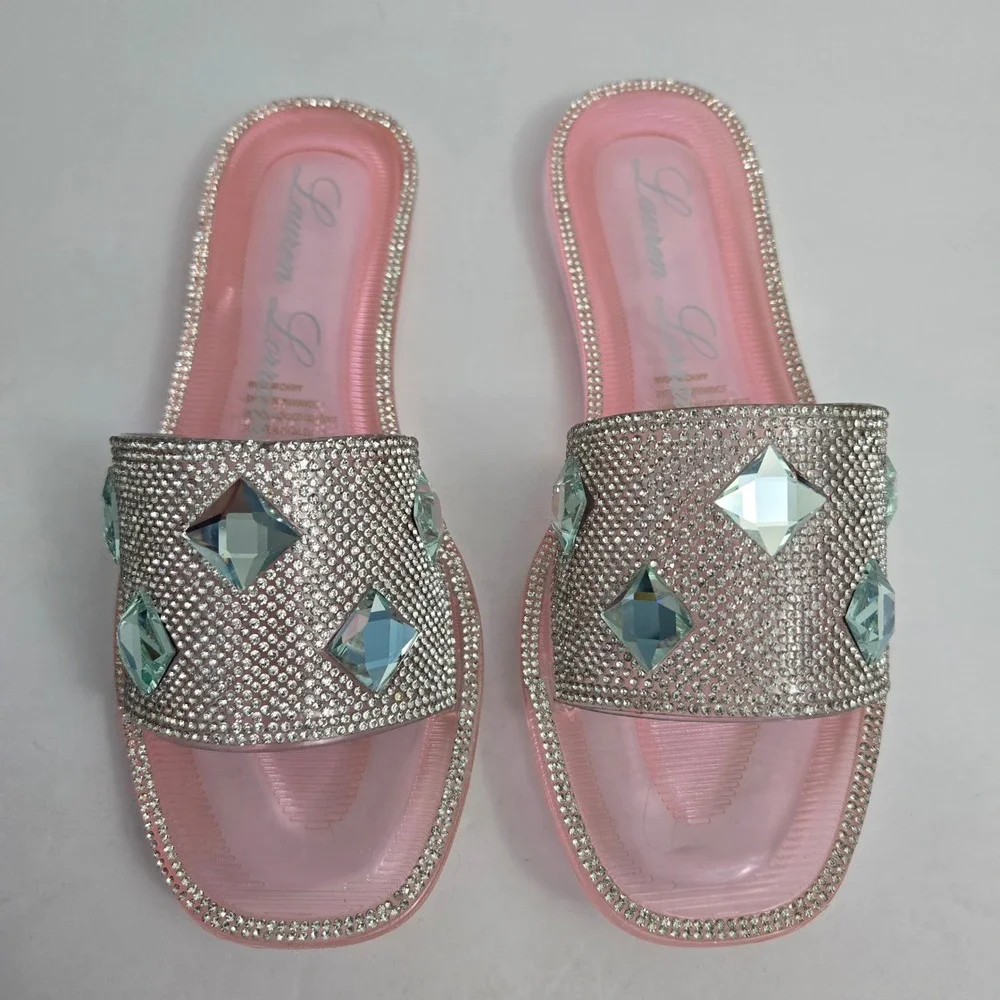 Lauren Lorraine Bianca Rhinestone Crystal Pink Jelly‎ Slide Sandals Size 5.5 NIB